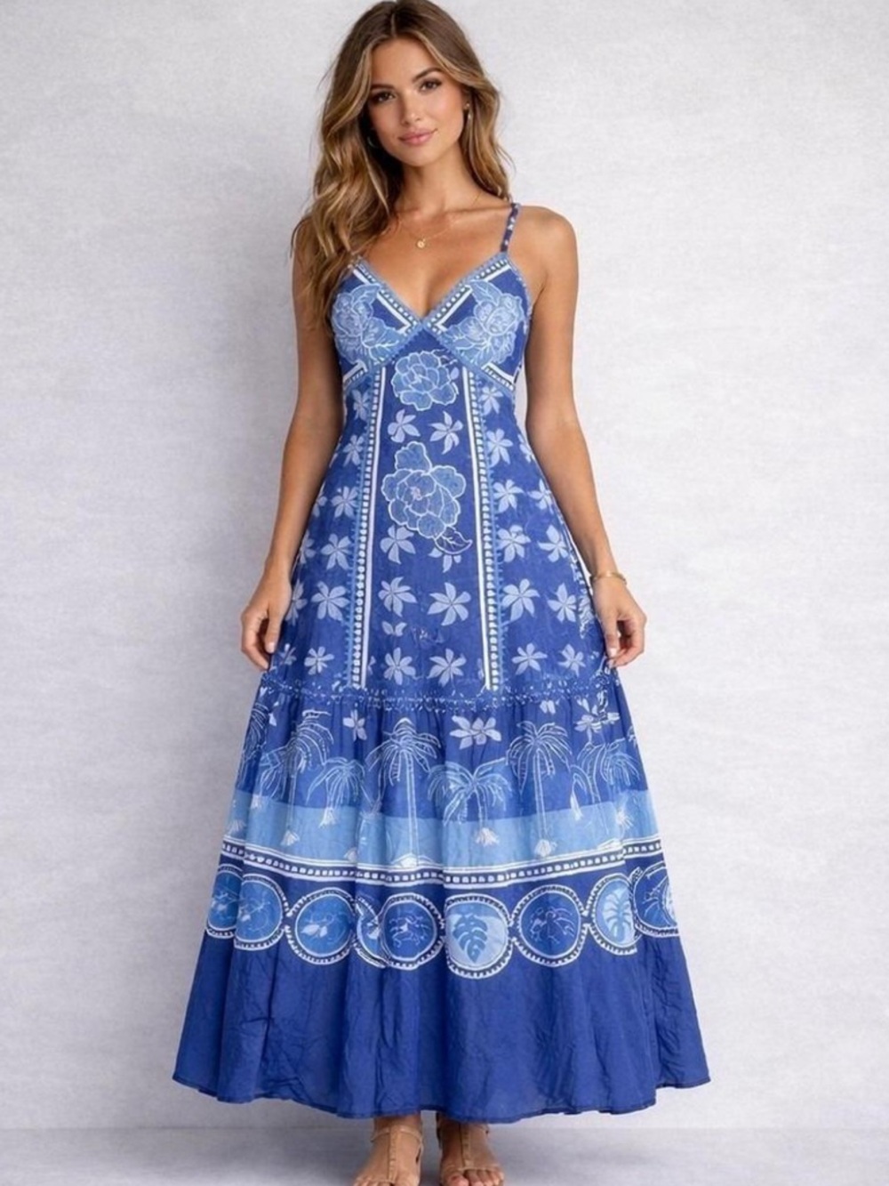 Caroline Constas Blue Floral V-Neck Maxi Dress